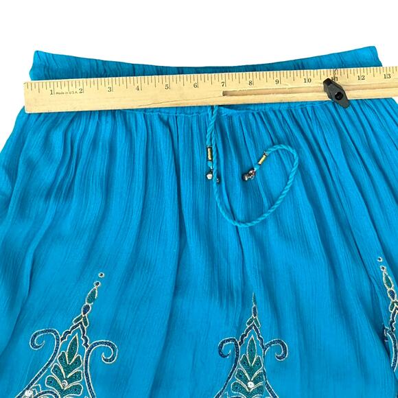 Blue Yellow Boho Bohemian Embroidered Tie Elastic Waist Knee Length Skirt size M - Picture 6 of 7